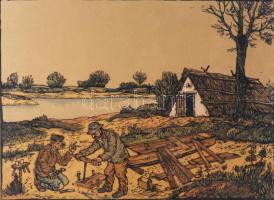 Gácsi Mihály (1926-1987). Ladik foltozás. Színes linómetszet, papír. Jelzett. Üvegezett, sérült fake...