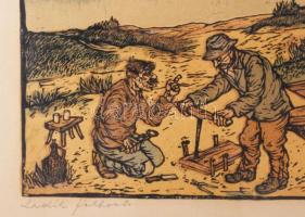 Gácsi Mihály (1926-1987). Ladik foltozás. Színes linómetszet, papír. Jelzett. Üvegezett, sérült fake...