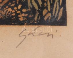 Gácsi Mihály (1926-1987). Ladik foltozás. Színes linómetszet, papír. Jelzett. Üvegezett, sérült fake...