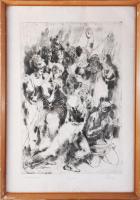 Pituk József Viktórián (1906-1991): Segélythívók, 1972. Rézkarc, papír, jelzett, számozott (86/100), apró foltokkal, üvegezett fakeretben, 49,5×33 cm