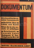 1926-1927 Dokumentum. Művészeti és társadalmi beszámoló. Szerk. Kassák Lajos. 1.-5 sz. (Teljes folyam, több szám nem jelent meg) Bp., 1926-27. (Phöbus ny.) 49+[3] p.; 40p.; 35p.; 36p.; 36p. Kassák az emigrációból hazatérve, a Ma folytatásaként indította meg a folyóiratot, melynek mindössze öt száma jelent meg. A lap szerzői között Déry Tibor, Illyés Gyula, Nádass József, Forgó Pál építész és álnéven (árkas építész) Molnár Farkast is, "1927 júniusában, az ötödik szám megjelenése után megszűnt a Dokumentum, "Hamarosan kitűnt, hogy a Dokumentum nem találhat rá A Tett és a Ma régi közönségére ... Fél év után megértette a lap szerkesztősége, hogy Magyarországon 1919 óta gyökeresen megváltozott a helyzet, és a küzdelmet más területen,, más módszerekkel, más emberekkel kell folytatni..."  A lapszámok hibátlan állapotban, kiadói illusztrált papírkötésben, melynek gerince hiányos. Egy-egy szám is rendkívül ritka, de teljes folyam még nem fordult elő árverésen.
