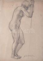 Gábor Móric (1889-1987): Álló női akt. Ceruza, papír, jelzett, üvegezett fakeretben, 28,5×21 cm