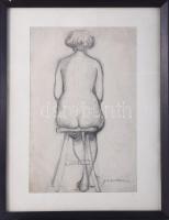 Gábor Móric (1889-1987): Ülő női hátakt. Ceruza, papír, jelzett, üvegezett fakeretben, 24×15,5 cm