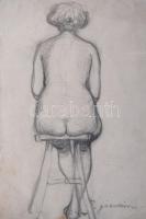 Gábor Móric (1889-1987): Ülő női hátakt. Ceruza, papír, jelzett, üvegezett fakeretben, 24×15,5 cm