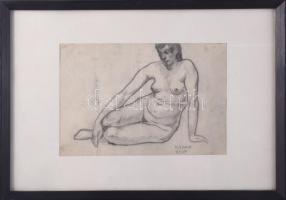 Kádár Béla (1877-1956): Ülő női akt. Ceruza, papír, jelzett, hajtásnyomokkal, apró sérüléssel, kissé foltos, üvegezett fakeretben, 13×20 cm
