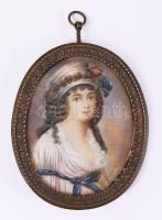 Miniatúra. Festett elefántcsont, XIX. sz. eleje. Réz keretben 6,5x8 cm   Miniature. Painted ivory, early 19th century. In copper frame 6.5x8 cm