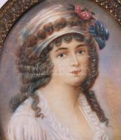 Miniatúra. Festett elefántcsont, XIX. sz. eleje. Réz keretben 6,5x8 cm 

Miniature. Painted ivory,...