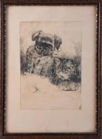 Jelzés nélkül (feltehetően Rainerné Istvánffy Gabriella): Kutya, cica és szitakötő. Rézkarc, papír, üvegezett fakeretben, 21,5×15 cm