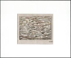 1544 Magyarország és Erdély korabeli, színezett, fametszetű térképe. Hátoldalán Magyarország leírása.  Megjelent: 1544-ben Baselben, Sebastian Münster: Cosmgraphia című művében. A térkép a könyv Magyarországgal foglalkozó részének első oldalán jelent meg.   Szathmáry: DH: 31/c Szánatai: Münster 3a Térkép mérete: 13,5 x 10 cm