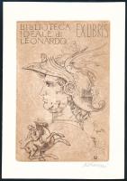 Kőhegyi Gyula (1933-): Ex libris biblioteca ideale di Leonardo. Rézmetszet, papír, jelzett, 13x9 cm