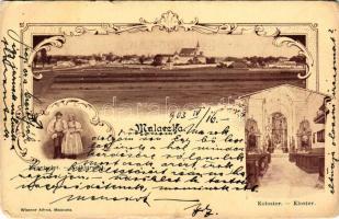 1903 Malacka, Malacky; látkép, kolostor, népviselet. Wiesner Alfréd kiadása, szecessziós-virágos keret / general view, cloister, Upper Hungarian (Slovak) folklore. Art Nouveau, floral frame (EM)