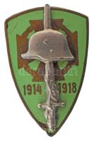 1931 k. "Országos Frontharcos Szövetség" zománcozott bronz gomblyukjelvénye, zöld zománc, "BERÁN N. BPEST" gyártói jelzéssel (28x19mm) T:AU,XF zománchiba Hungary ~1931. "Hungarian Front Fighters Association" enamelled button badge, green enamel with makers mark "BERÁN N. BPEST" (28x19mm) C:AU,XF enamel error