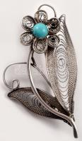 Ezüst(Ag) türkiz köves filigrán kitűző, jelzett, 4×2,4 cm, bruttó: 2,8 g