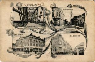 1909 Komárom, Komárno; Erzsébet híd, Jókai Mór utca, Grand kávéház, Kiss Baross utca. Schwarz üzlete. L. H. Pannonia kiadása, szecessziós-virágos keret / bridge, streets, café, shops. Art Nouveau, floral (kopott sarkak / worn corners)