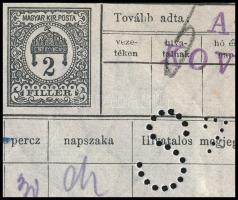 1917 Ritka 2f díjjegyes távirat Turul 1K bérmentesítéssel, Siemens S7 lyukasztással / Siemens 2f PS-...