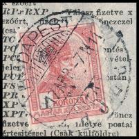 1917 Ritka 2f díjjegyes távirat Turul 1K bérmentesítéssel, Siemens S7 lyukasztással / Siemens 2f PS-...