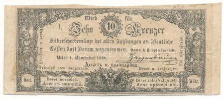 1860. 10Kr "K. K. Hauptmünzamt für Silberscheidemünze" vízjeles papíron T:F Austrian Empire 1860. 10 Kreuzer "K. K. Hauptmünzamt für Silberscheidemünze" with watermarked paper C:F Adamo G93