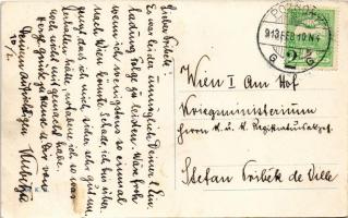1913 Pozsony, Pressburg, Bratislava; Frigyes főherceg palotája, hirdetőoszlop reklámokkal / Palais E...