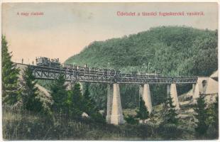 1911 Tiszolc, Tisovec; Tiszolczi fogaskerekű vasúti nagy viadukt, gőzmozdony, vonat. Morvai Sámuel kiadása / cogwheel railway bridge, viaduct, locomotive, train (EB)