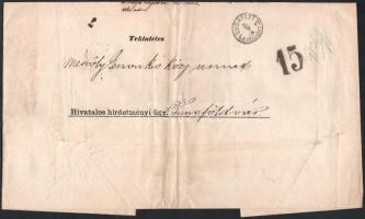 1878 Hivatalos nagyalakú nyomtatvány ritka 15kr számbélyegzős portó jelzéssel / Printed matter with 15kr postage due mark
