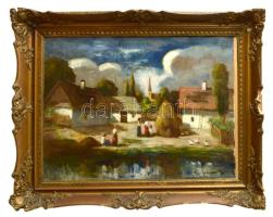 Iványi Grünwald Béla (1867-1940): Tájkép alakokkal. Olaj, vászon, jelezve jobbra lent. A tételhez tartozik egy levél, amelyben Iványi Grünwald Béla igazolja a festmény eredetiségét a hátoldalán található számra hibatkozva. Dekoratív, sérült fakeretben. 61x80 cm