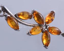 Ezüst(Ag) borostyánköves nyakék, jelzett, h: 42-46 cm, bruttó: 13,4 g