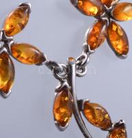 Ezüst(Ag) borostyánköves nyakék, jelzett, h: 42-46 cm, bruttó: 13,4 g