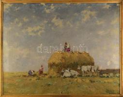 Csillag József (1894-1977): Aratás. Olaj, vászon, jelzett, sérült. Dekoratív fakeretben. 60×79,5 cm