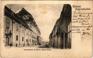 1901 Nagyszombat, Tyrnau, Trnava; Szeminárium és Simor János utca / seminary, street view + "BÉCS - BUDAPEST 117. SZ. C" vasúti mozgóposta bélyegző (r)