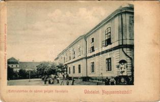 Nagyszombat, Tyrnau, Trnava; Katonai kórház és városi polgári fiúiskola. Horovitz Adolf kiadása / K.u.K. military hospital, boys' school (EM)