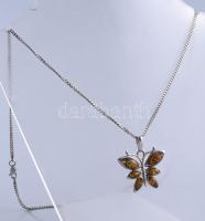 Ezüst(Ag) pancer nyaklánc borostyános pillangó medállal, jelzett, h: 56 cm, 3,5×3,3 cm, bruttó: 12,2 g