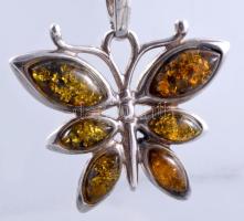 Ezüst(Ag) pancer nyaklánc borostyános pillangó medállal, jelzett, h: 56 cm, 3,5×3,3 cm, bruttó: 12,2...