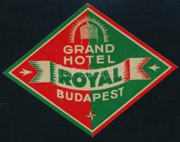 cca 1940 Grand Hotel Royal Budapest háború előtti magyar hotelcímke, bőrőndcímke, jó állapotban 11 cm