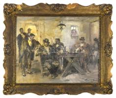 Náray Aurél (1883-1948): Dínom-dánom. Olaj, vászon. Jelezve jobbra lent. Dekoratív, sérült fakeretben. 55x67,5 cm / oil on canvas, signed, framed