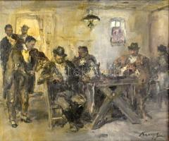 Náray Aurél (1883-1948): Dínom-dánom. Olaj, vászon. Jelezve jobbra lent. Dekoratív, sérült fakeretbe...