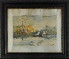 Hermann Gyula (-), erdélyi festő: Téli táj, 1995. Akvarell, papír. Dekoratív, üvegezett fakeretben, 33x47,5 cm