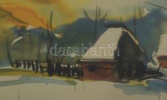 Hermann Gyula (-), erdélyi festő: Téli táj, 1995. Akvarell, papír. Dekoratív, üvegezett fakeretben, ...