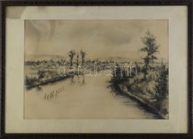 Mattis jelzéssel (ifj. Mattis-Teutsch János?): Vízparti táj. Szén, papír. Dekoratív, üvegezett fakeretben, 37,5x54,5 cm