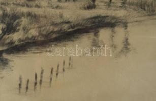 Mattis jelzéssel (ifj. Mattis-Teutsch János?): Vízparti táj. Szén, papír. Dekoratív, üvegezett faker...