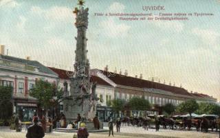 Újvidék main square market with the shops of Vilmos Schwarz and József Paquor (EK)