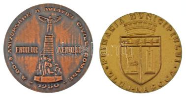 Románia 1980. "Román polgári légi közlekedés 1920-1980 / A román polgári légi közlekedés 60. évfordulója - Eroilor Aerului emlékmű 1980" kétoldalas bronz emlékérem (50mm) + DN "Glorie Ostasului Román műemlék / Kolozsvári Városháza" kétoldalas, aranyozott fém emlékérem (45mm) T:AU,XF Romania 1980. "Aviatia Civila Romana 1920-1980 / A 60-a aniversare a aviatiei civile romane - Eroilor Aerului 1980" two-sided bronze comemmorative medallion (50mm) + ND "Glorie Ostasului Roman / Primaria Municipiului Cluj-Napoca" two-sided, gilded metal comemmorative medallion (45mm) C:AU,XF