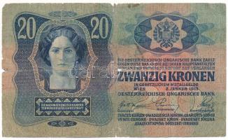 1913. 20K "2256 636016", I. kiadás, hamis(?) felülbélyegzéssel T:VG, szakadások, felül és ...