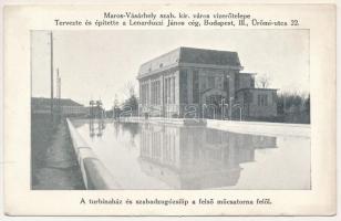 Marosvásárhely, Targu Mures; Vízerőműtelep, tervezte és építette a Lenarduzzi János cég. A turbinaház és szabadzúgózsilip a felső műcsatorna felől / hydropower plant, canal, bridge, turbine (EK)