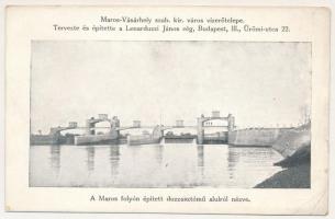 Marosvásárhely, Targu Mures; Vízerőműtelep, tervezte és építette a Lenarduzzi János cég.A Maros folyón épített duzzasztómű alulról nézve / hydropower plant, canal, bridge, turbine (EB)