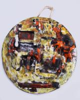 cca 1970/80 Iparművész falitál, plasztikus díszítéssel, csorgatott- és vulkánmázas, kis mázhibákkal, tűzhibával, jelzés nélkül, d: 28 cm