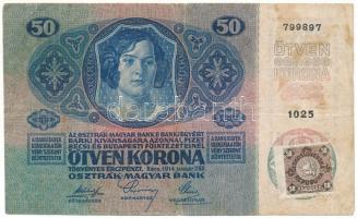 Csehszlovákia 1914. 50K "1025 799897", csehszlovák 50h bélyeggel felülbélyegezve T:F Czechoslovakia 1914. 50 Korona "1025 799897" with czechoslovakian 50 Halerov stamp C:F