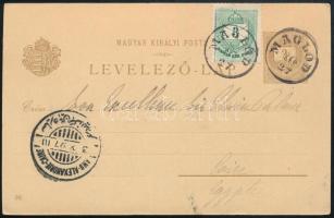 1897 2kr millenniumi díjjegyes levelezőlap Színesszámú 3kr kiegészítéssel Kairoba küldve, luxus "MAGLÓD" bélyegzéssel / 2kr millennial PS-card with 3kr additional frankint to Cairo