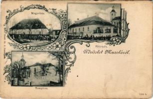 Muzsla, Muzla; Megyeháza, Plébánia, Templom. St. J. kiadása, szecessziós-virágos keret / county hall, parish, church. Art Nouveau, floral frame (r)