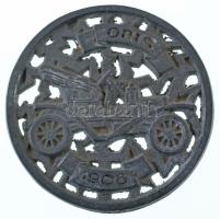 DN "ORIS - 1908" egyoldalas, veterán autót ábrázoló, áttört fehérfém plakett (80mm) T:XF ND "ORIS - 1908" one-sided, open-work white metal plaque depicting a vintage car (80mm) C:XF