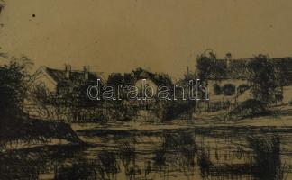 Varga Nándor Lajos (1895-1978): Dusnok, 1962. Rézkarc, papír, jelzett. Üvegezett fakeretben. 19×24 c...